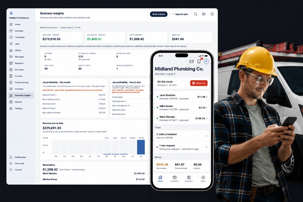 FieldDocs office dashboard and mobile app beside a technician using a phone at a service van